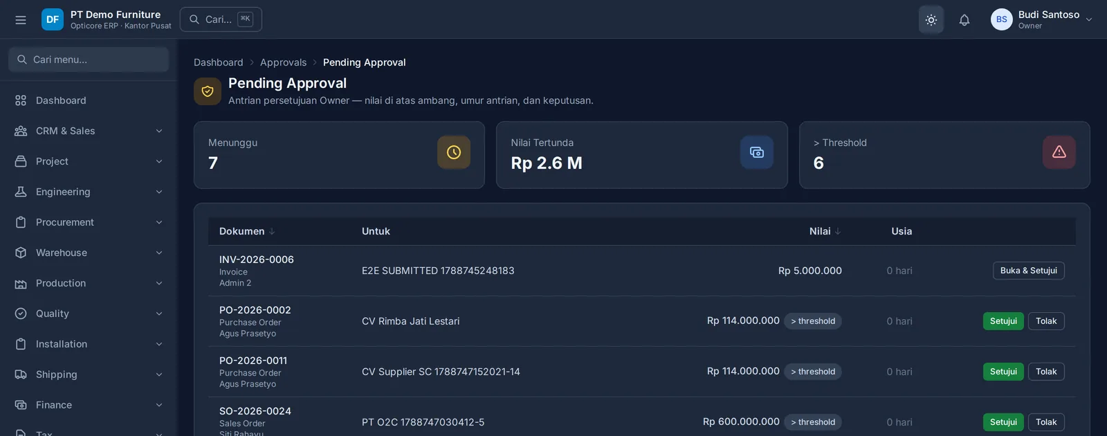 Antarmuka persetujuan berjenjang pada Opticore ERP