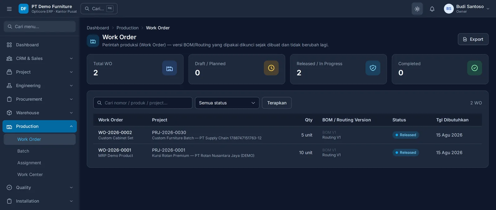Antarmuka work order produksi pada Opticore ERP